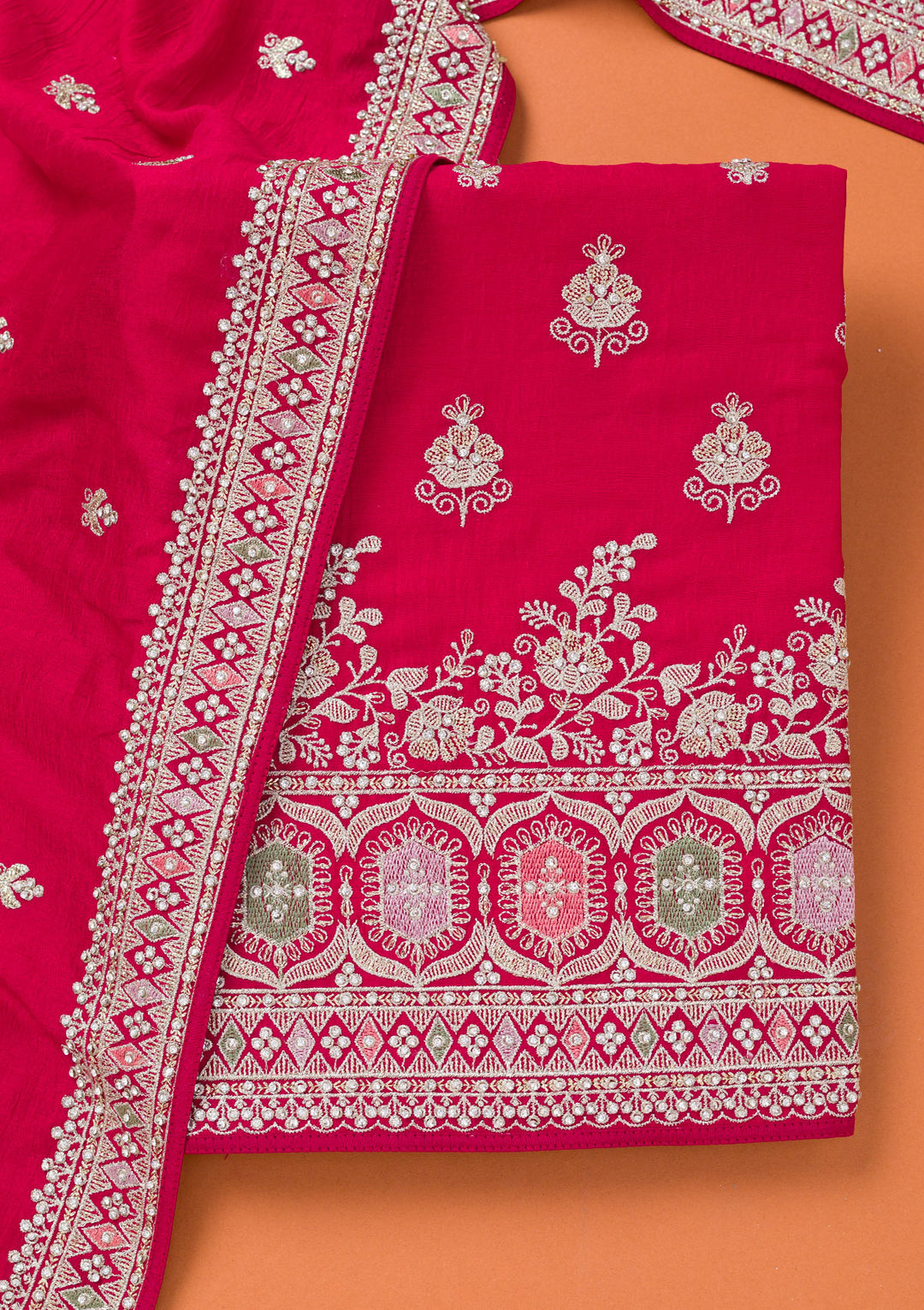 Rani Pink Soft Raw Silk Gold Zariwork Unstitched Dress Material With Matching Bottom And Dupatta