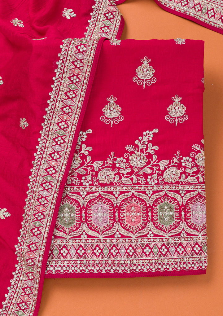 Rani Pink Soft Raw Silk Gold Zariwork Unstitched Dress Material With Matching Bottom And Dupatta