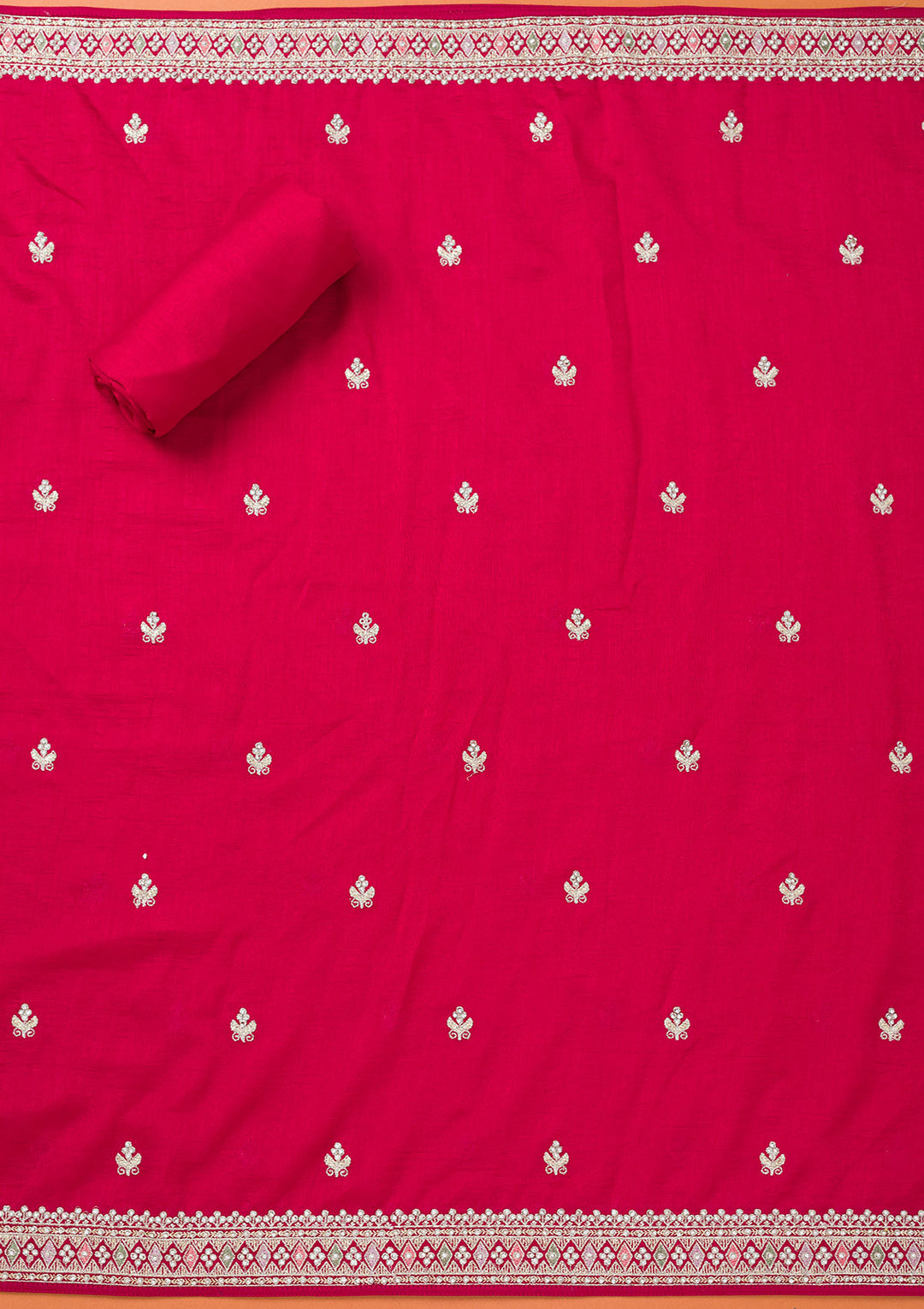 Rani Pink Soft Raw Silk Gold Zariwork Unstitched Dress Material With Matching Bottom And Dupatta
