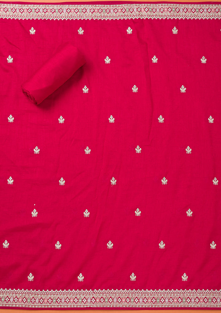 Rani Pink Soft Raw Silk Gold Zariwork Unstitched Dress Material With Matching Bottom And Dupatta