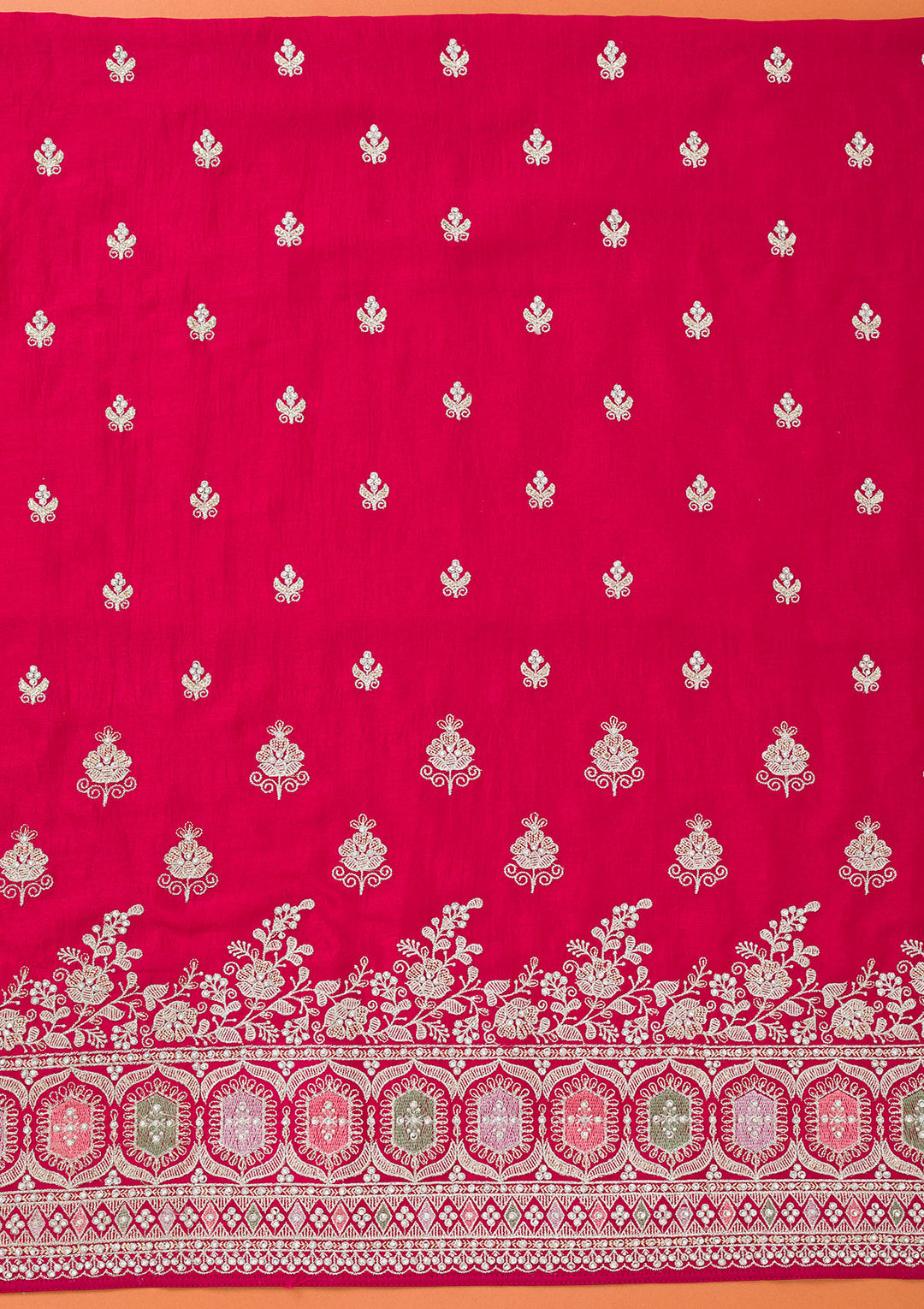 Rani Pink Soft Raw Silk Gold Zariwork Unstitched Dress Material With Matching Bottom And Dupatta