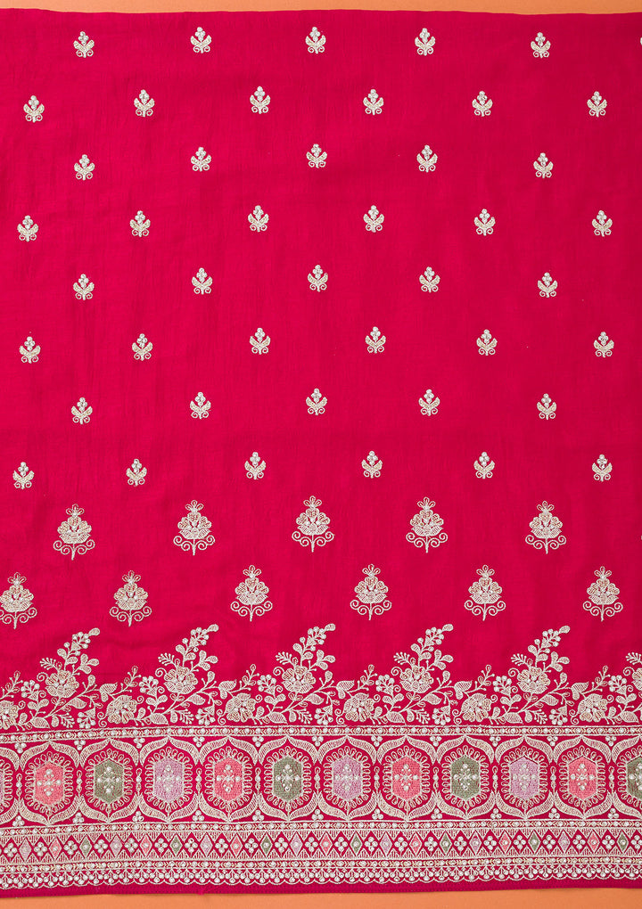 Rani Pink Soft Raw Silk Gold Zariwork Unstitched Dress Material With Matching Bottom And Dupatta