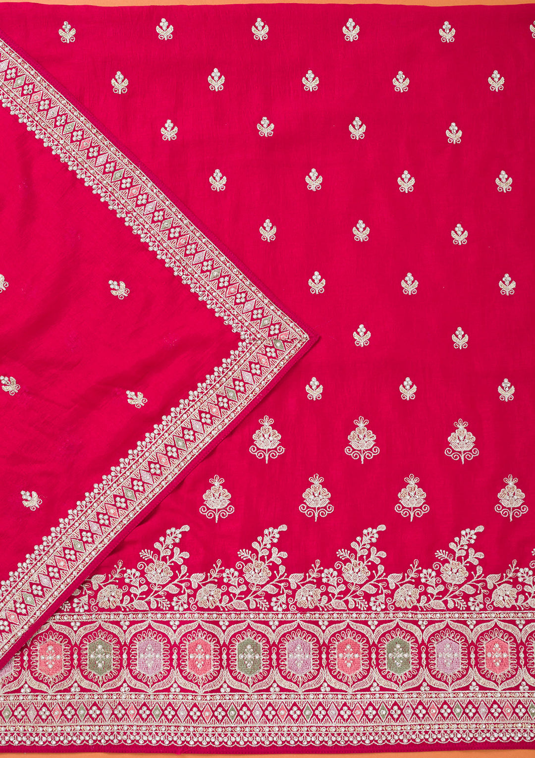 Rani Pink Soft Raw Silk Gold Zariwork Unstitched Dress Material With Matching Bottom And Dupatta