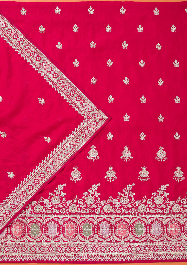 Rani Pink Soft Raw Silk Gold Zariwork Unstitched Dress Material With Matching Bottom And Dupatta