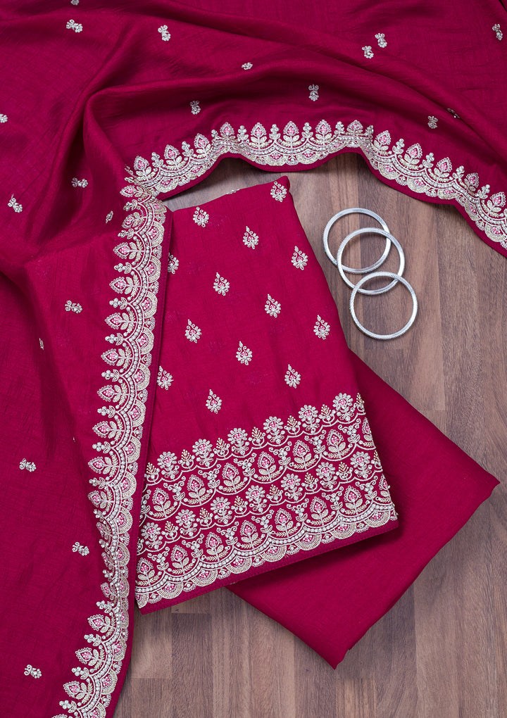 Maroon Soft Raw Silk Cording Unstitched Dress Material With Matching Bottom And Dupatta