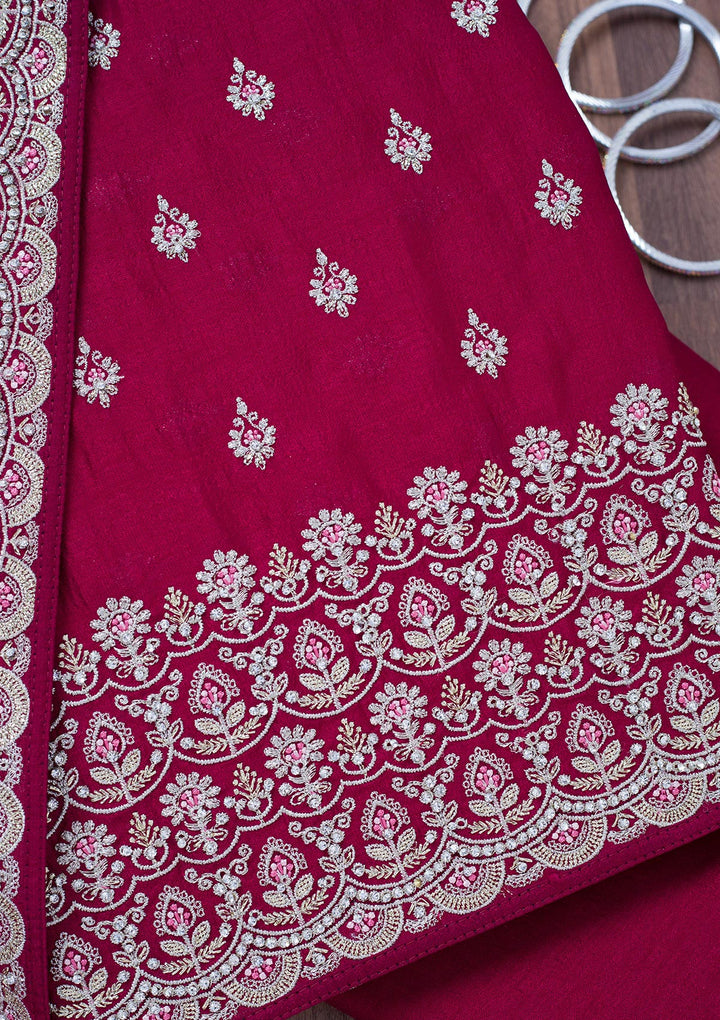Maroon Soft Raw Silk Cording Unstitched Dress Material With Matching Bottom And Dupatta