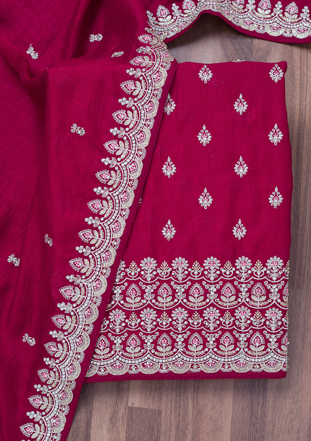 Maroon Soft Raw Silk Cording Unstitched Dress Material With Matching Bottom And Dupatta