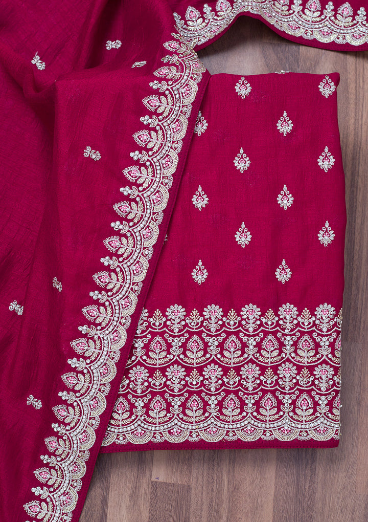 Maroon Soft Raw Silk Cording Unstitched Dress Material With Matching Bottom And Dupatta