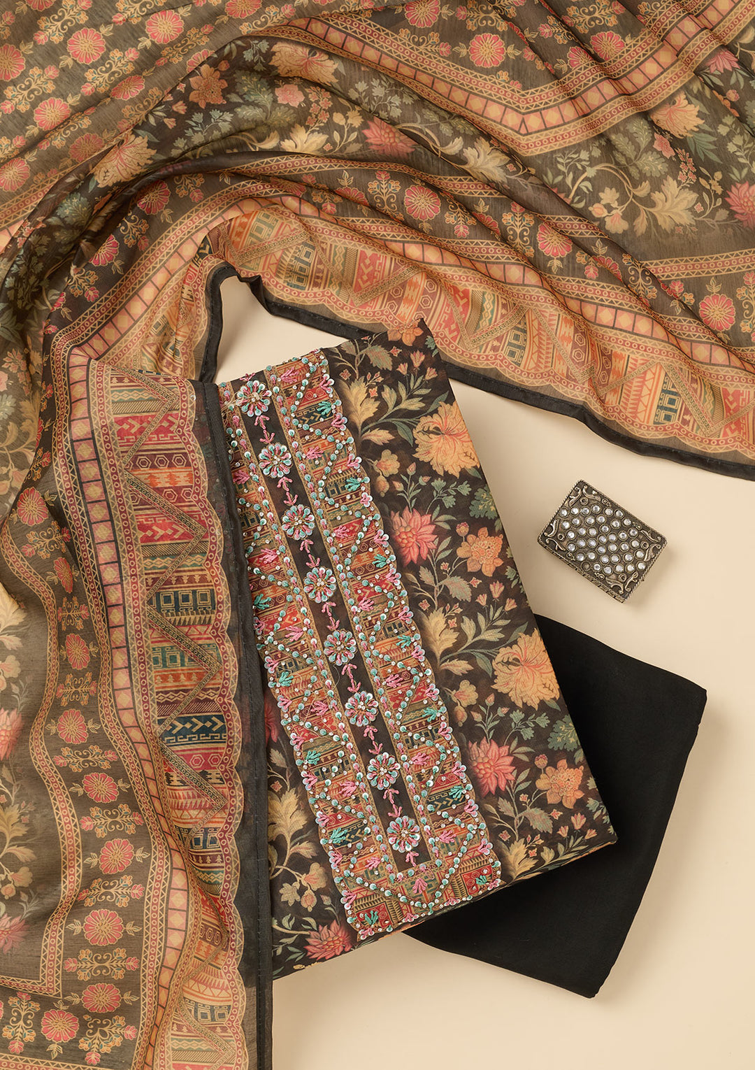 Black Chanderi Floral Sequins Unstitched Dress Material With Matching Bottom And Dupatta