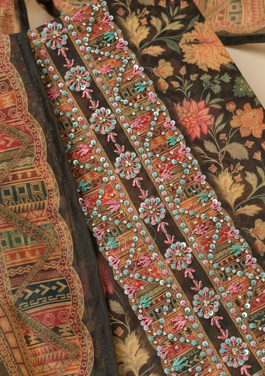 Black Chanderi Floral Sequins Unstitched Dress Material With Matching Bottom And Dupatta