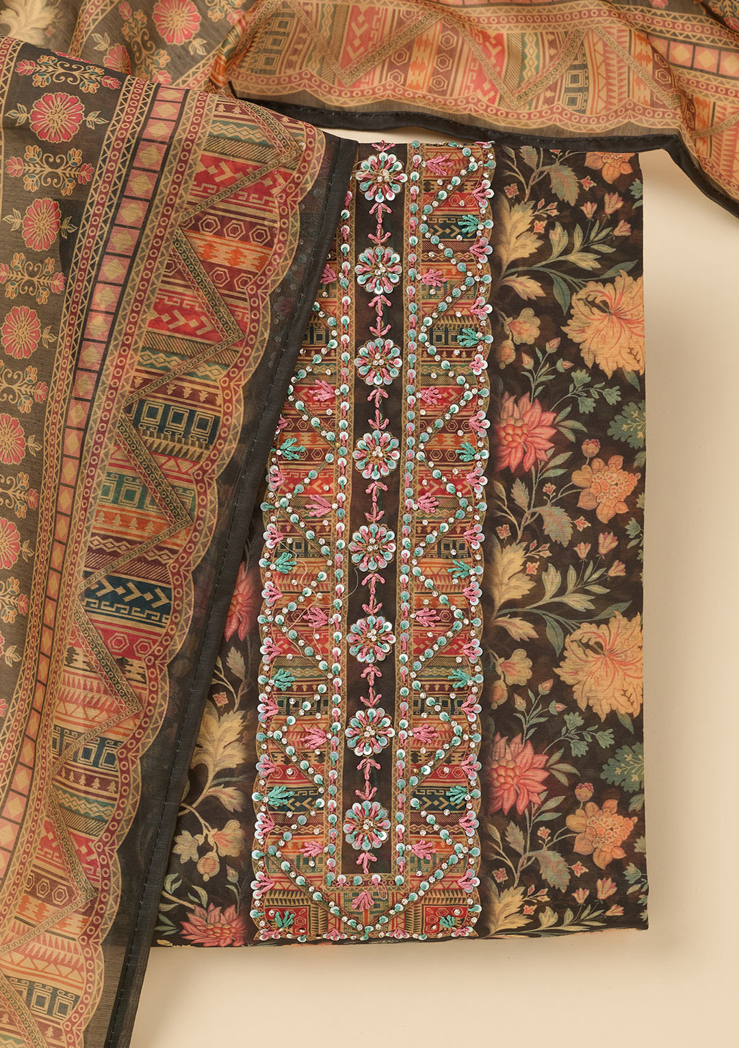 Black Chanderi Floral Sequins Unstitched Dress Material With Matching Bottom And Dupatta
