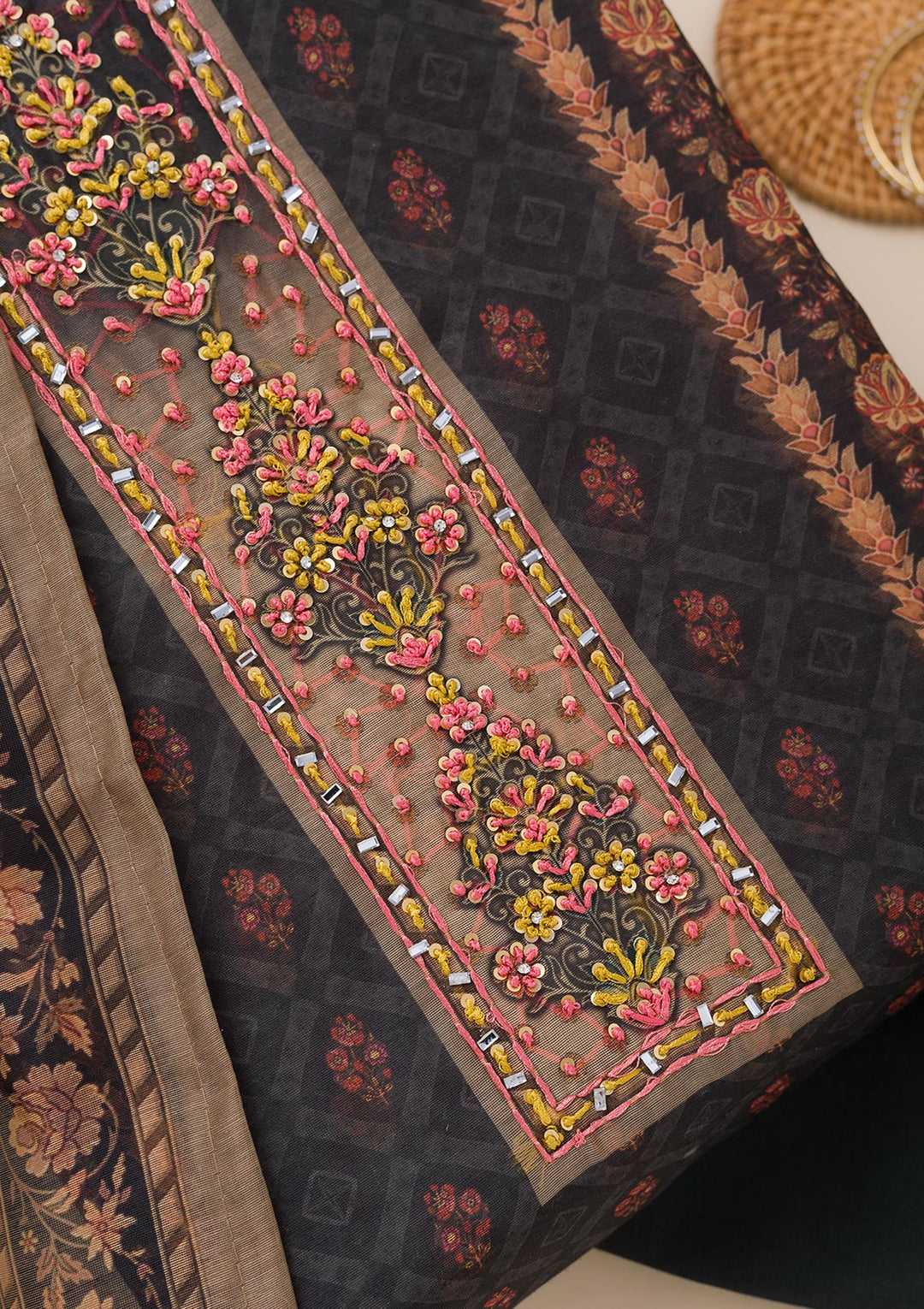Black Chanderi Abstract Geometric Sequins Unstitched Dress Material With Matching Bottom And Dupatta