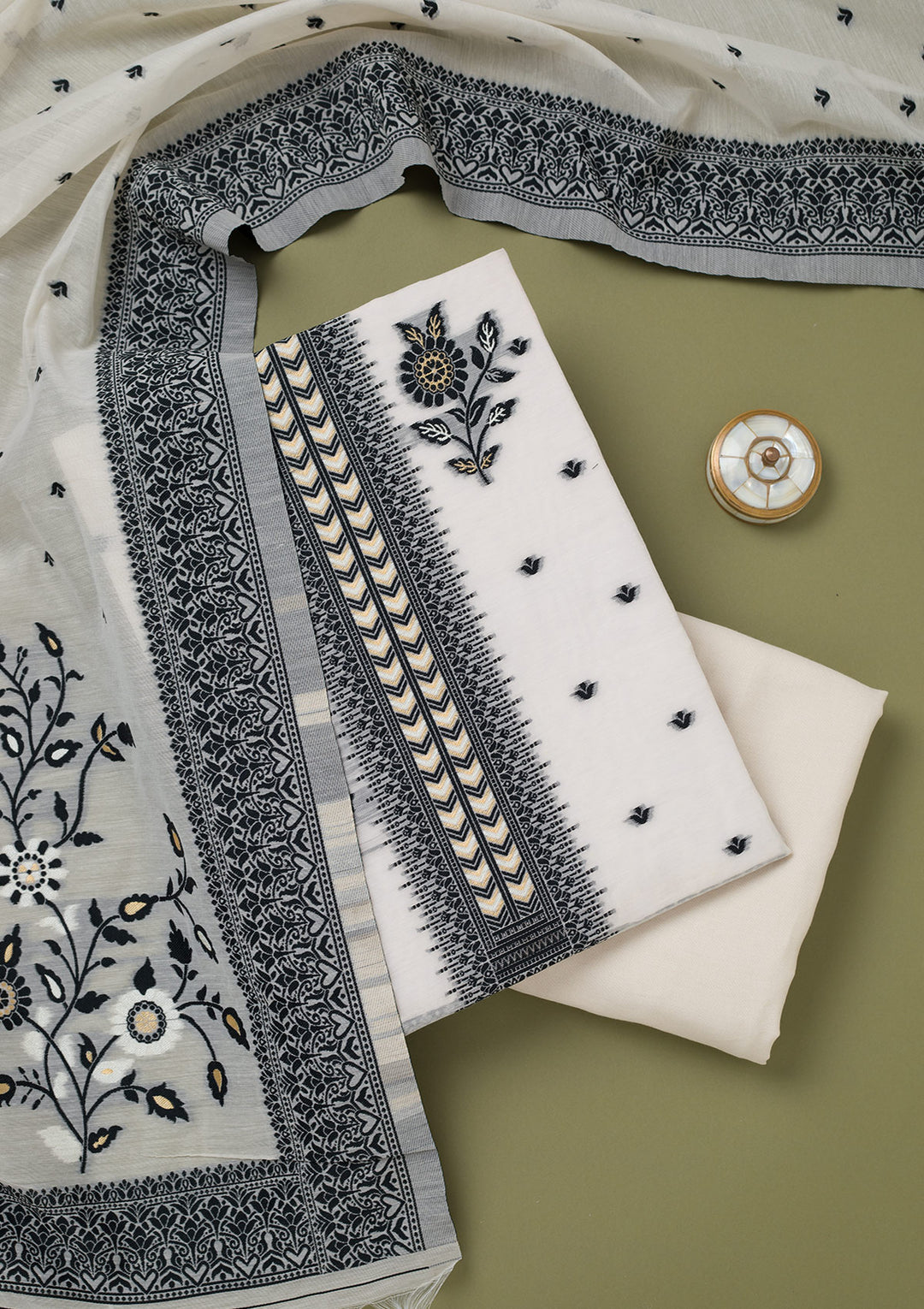 Off White Black Linen Threadwork Unstitched Dress Material With Matching Bottom And Dupatta
