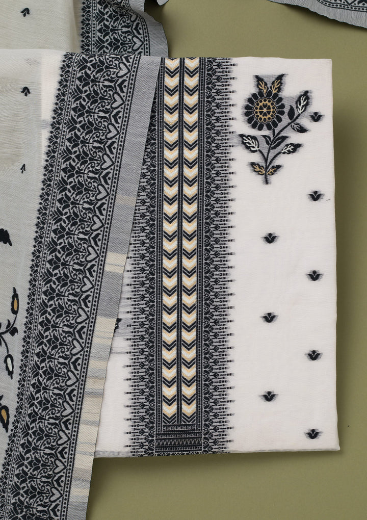 Off White Black Linen Threadwork Unstitched Dress Material With Matching Bottom And Dupatta