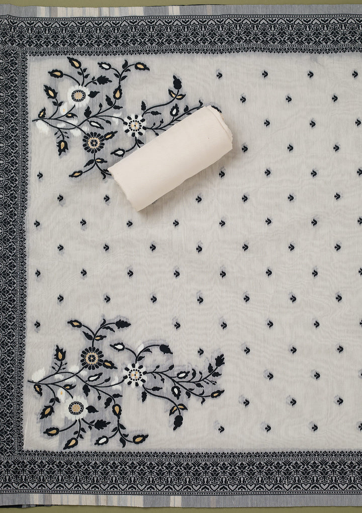 Off White Black Linen Threadwork Unstitched Dress Material With Matching Bottom And Dupatta