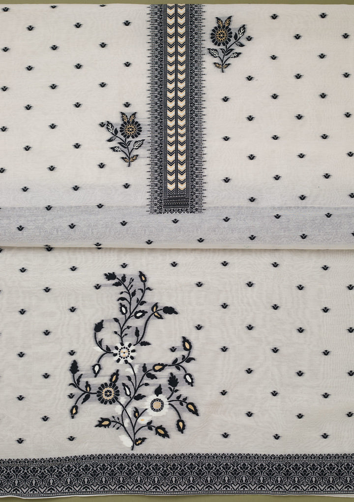 Off White Black Linen Threadwork Unstitched Dress Material With Matching Bottom And Dupatta