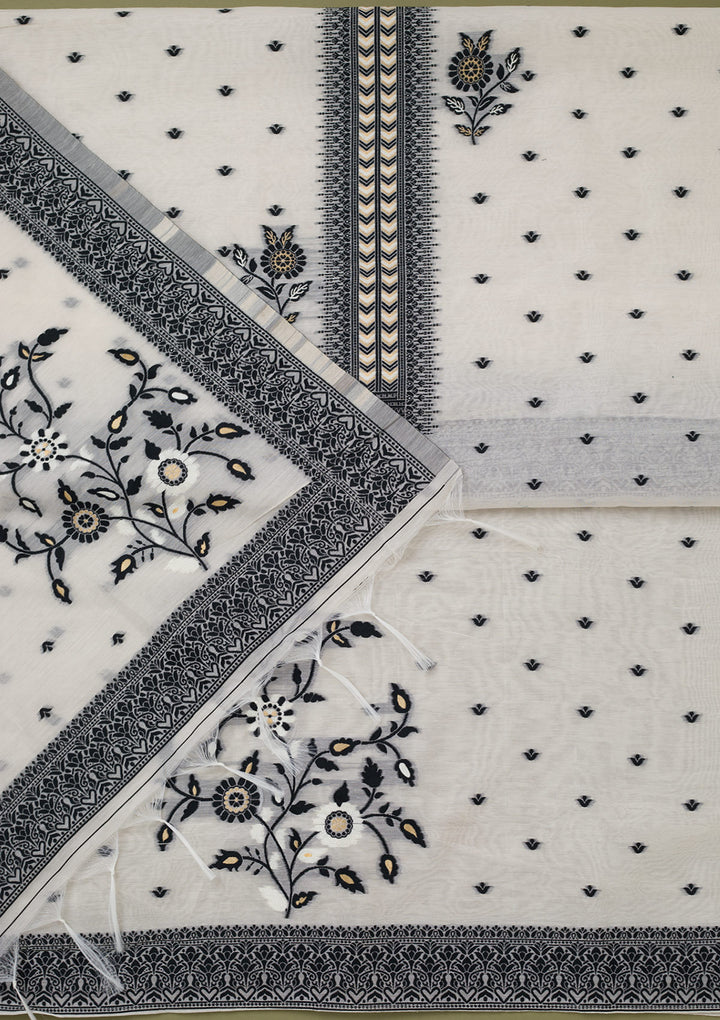 Off White Black Linen Threadwork Unstitched Dress Material With Matching Bottom And Dupatta