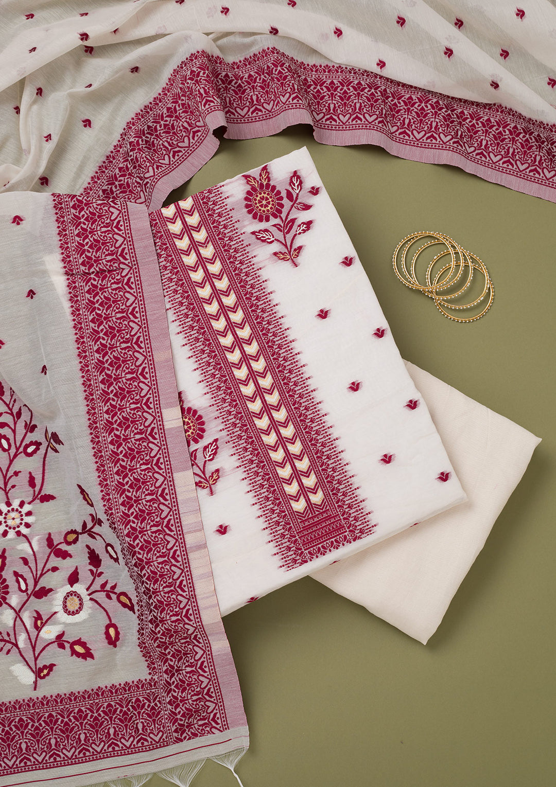 Off White Maroon Linen Threadwork Unstitched Dress Material With Matching Bottom And Dupatta