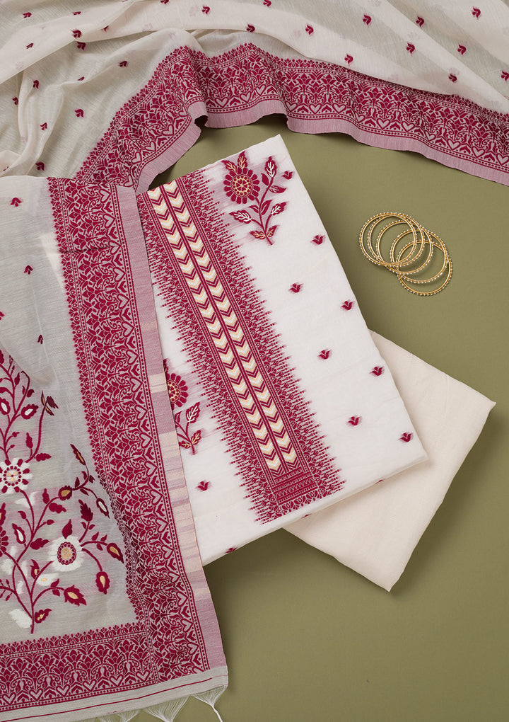 Off White Maroon Linen Threadwork Unstitched Dress Material With Matching Bottom And Dupatta