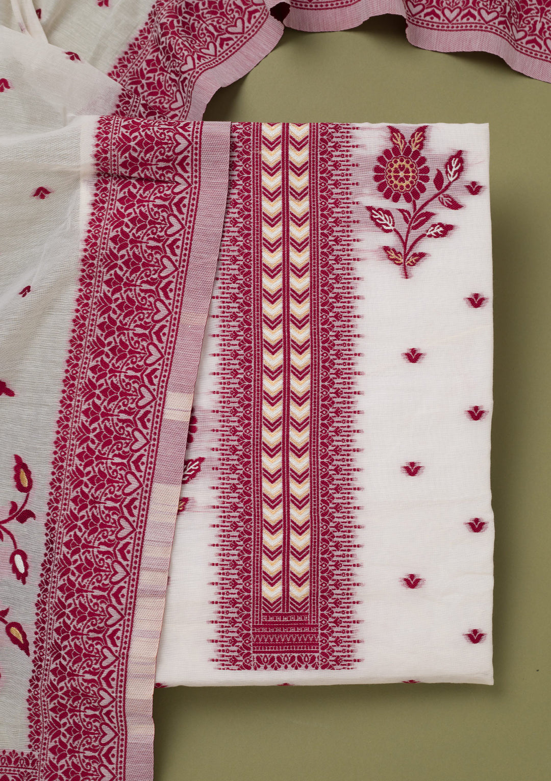 Off White Maroon Linen Threadwork Unstitched Dress Material With Matching Bottom And Dupatta