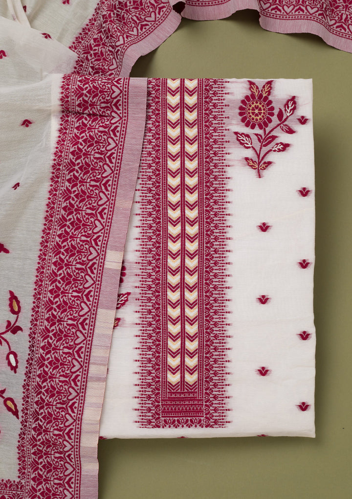 Off White Maroon Linen Threadwork Unstitched Dress Material With Matching Bottom And Dupatta