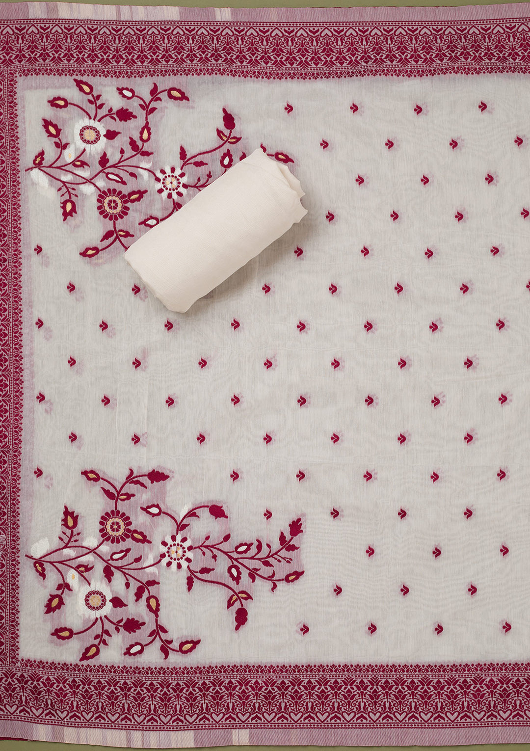 Off White Maroon Linen Threadwork Unstitched Dress Material With Matching Bottom And Dupatta