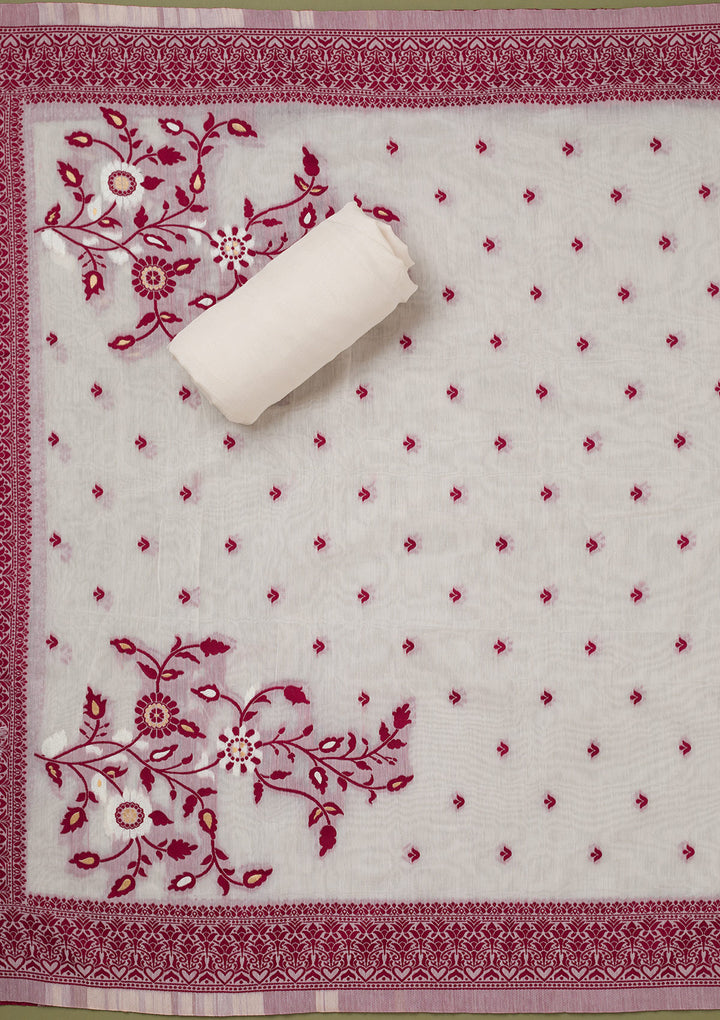 Off White Maroon Linen Threadwork Unstitched Dress Material With Matching Bottom And Dupatta