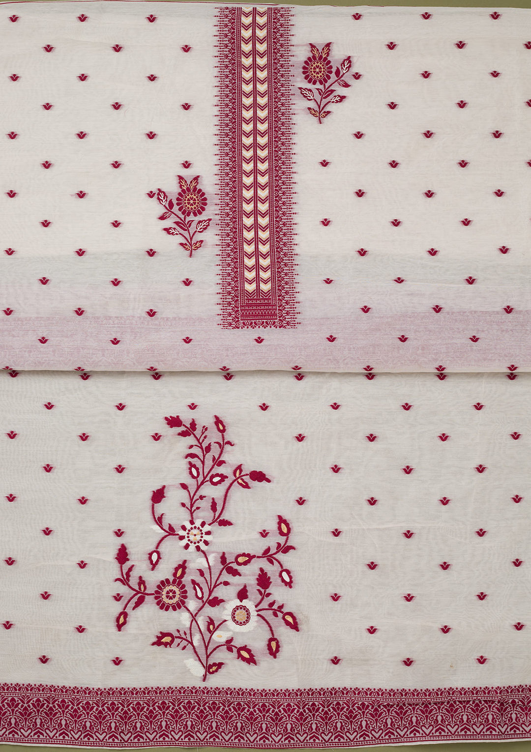 Off White Maroon Linen Threadwork Unstitched Dress Material With Matching Bottom And Dupatta