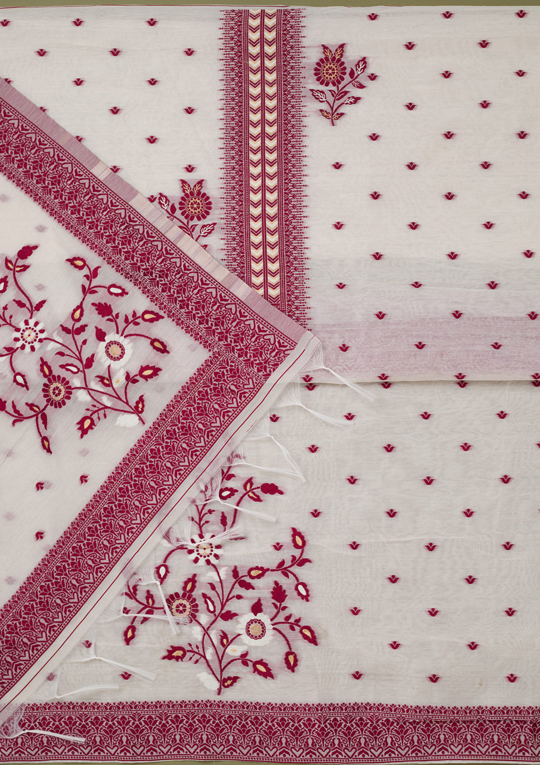 Off White Maroon Linen Threadwork Unstitched Dress Material With Matching Bottom And Dupatta