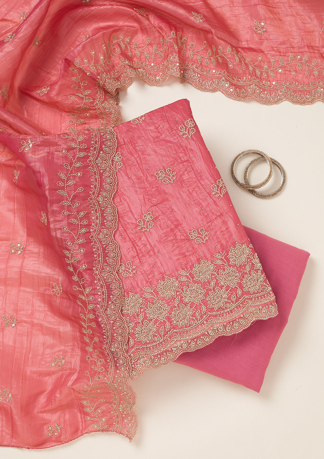 Onion Pink Tissue Threadwork Unstitched Dress Material With Matching Bottom And Dupatta