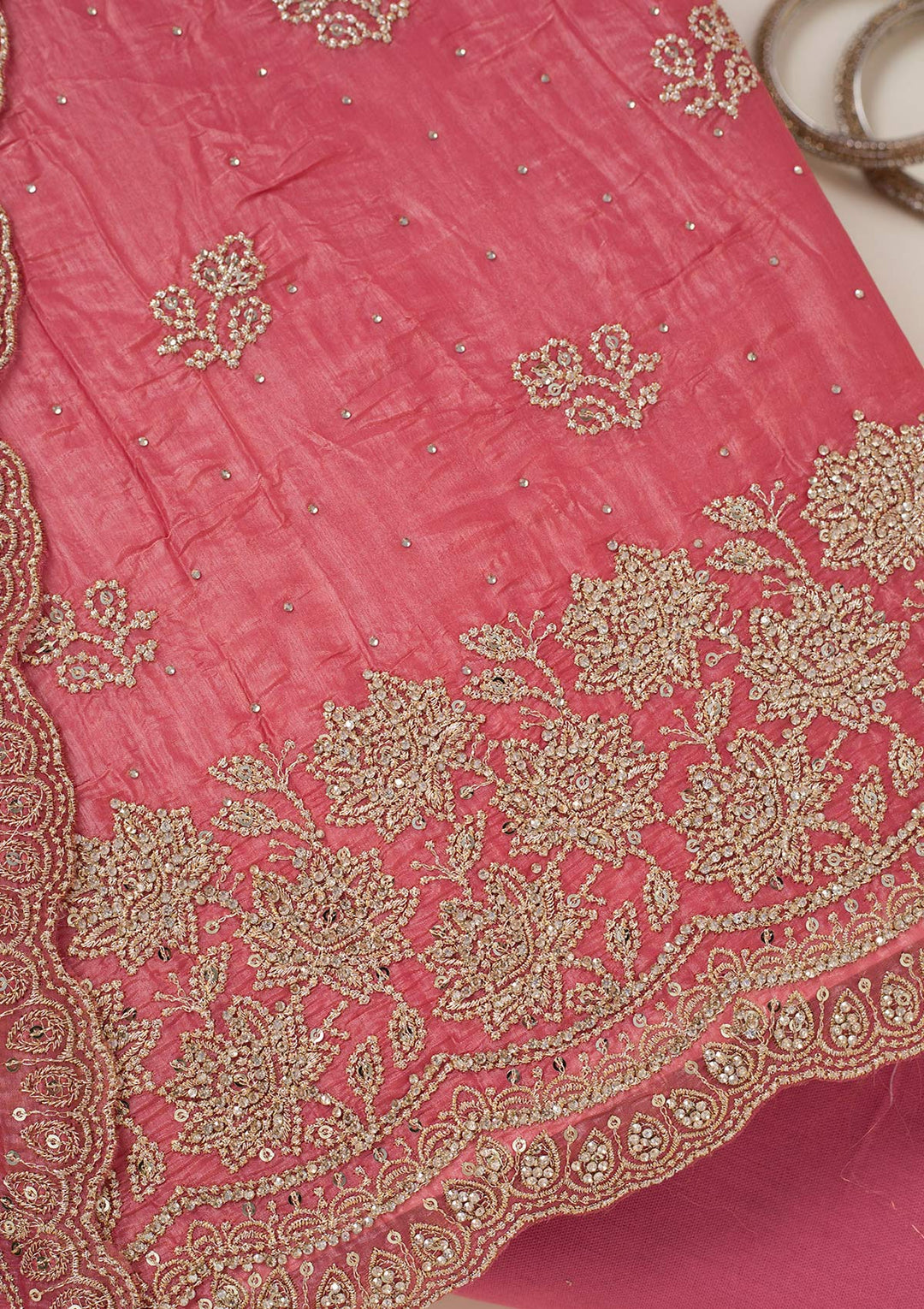 Onion Pink Tissue Threadwork Unstitched Dress Material With Matching Bottom And Dupatta