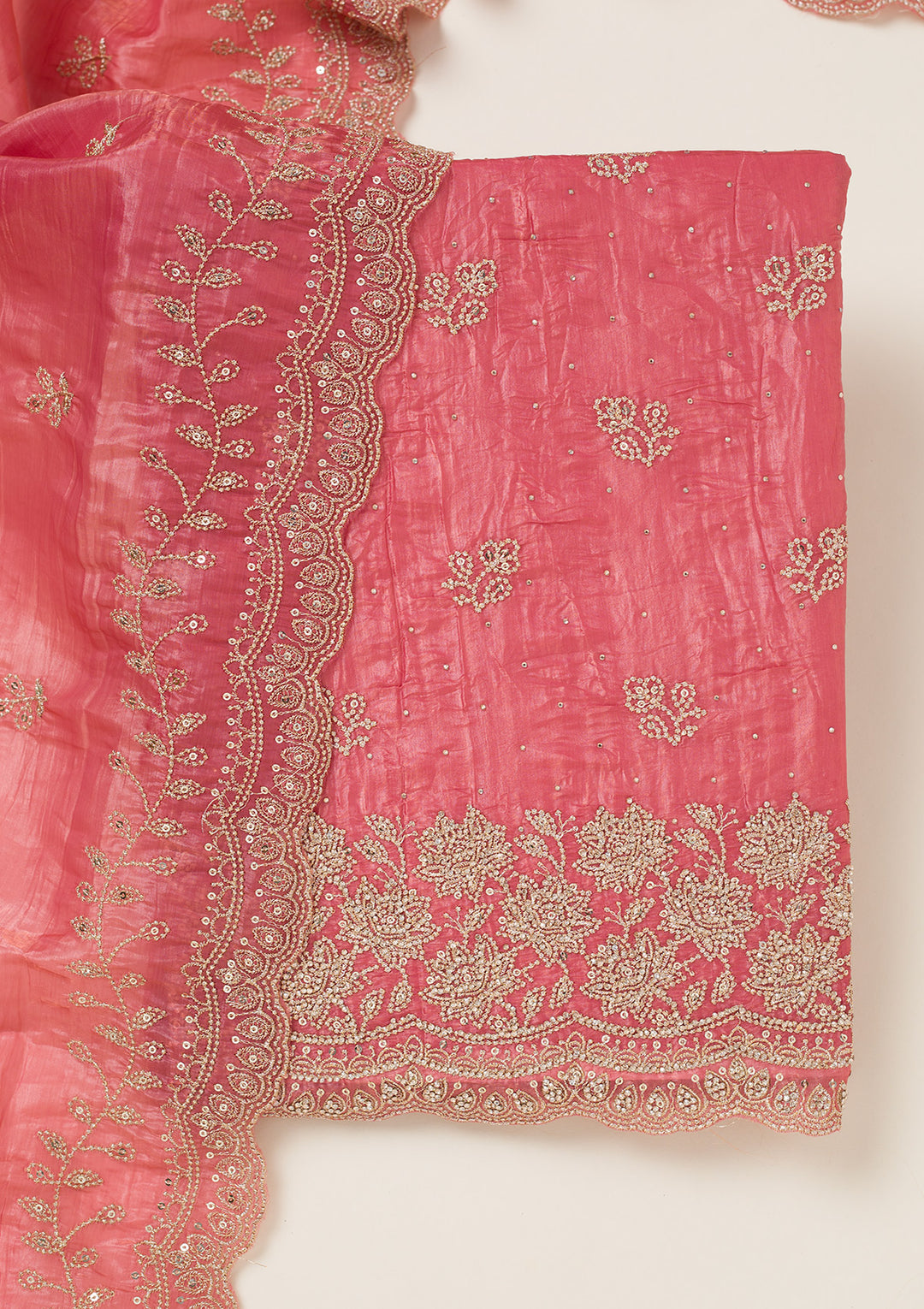 Onion Pink Tissue Threadwork Unstitched Dress Material With Matching Bottom And Dupatta