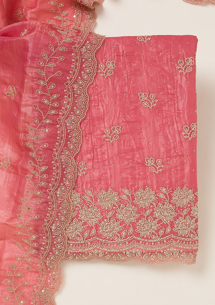 Onion Pink Tissue Threadwork Unstitched Dress Material With Matching Bottom And Dupatta