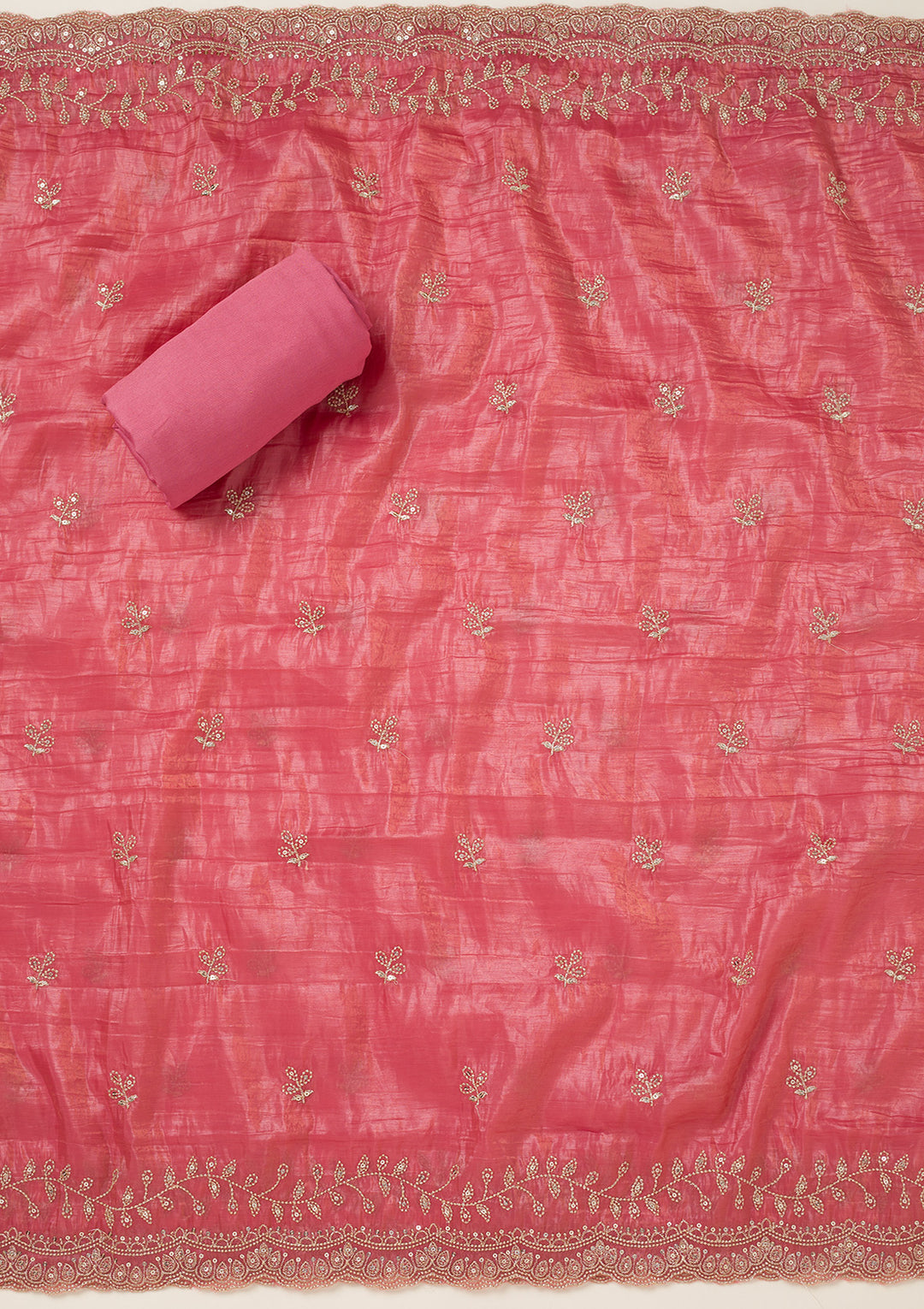 Onion Pink Tissue Threadwork Unstitched Dress Material With Matching Bottom And Dupatta