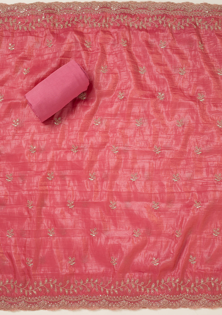 Onion Pink Tissue Threadwork Unstitched Dress Material With Matching Bottom And Dupatta