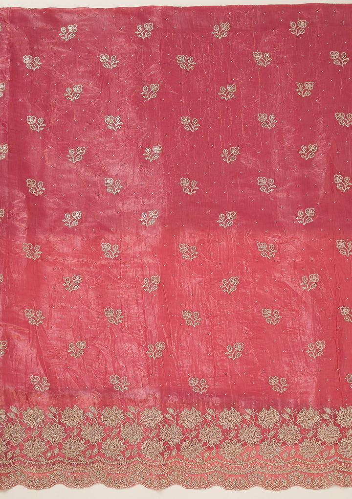 Onion Pink Tissue Threadwork Unstitched Dress Material With Matching Bottom And Dupatta