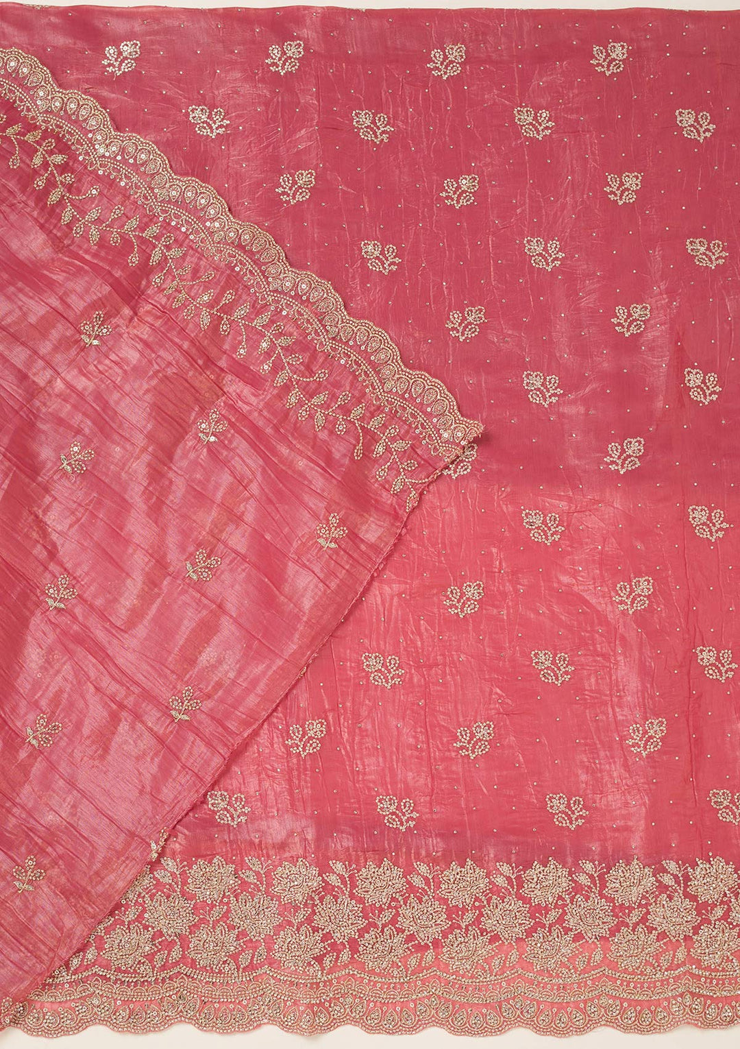 Onion Pink Tissue Threadwork Unstitched Dress Material With Matching Bottom And Dupatta