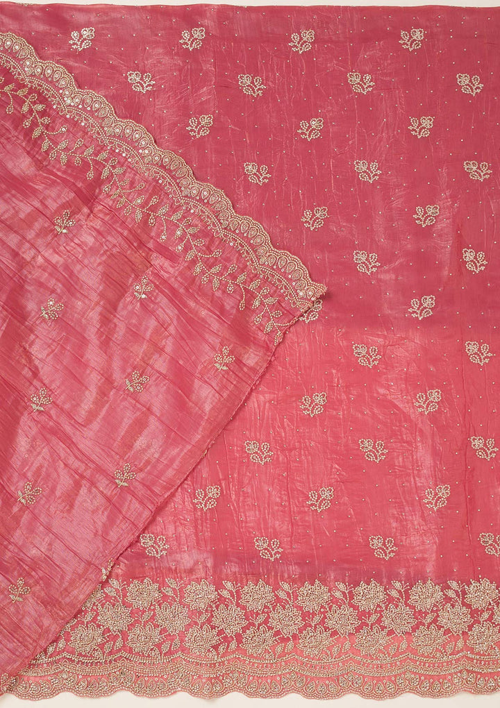 Onion Pink Tissue Threadwork Unstitched Dress Material With Matching Bottom And Dupatta
