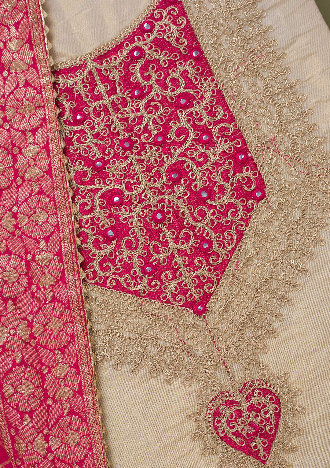 Beige Zariwork Tissue Unstitched Salwar Suit