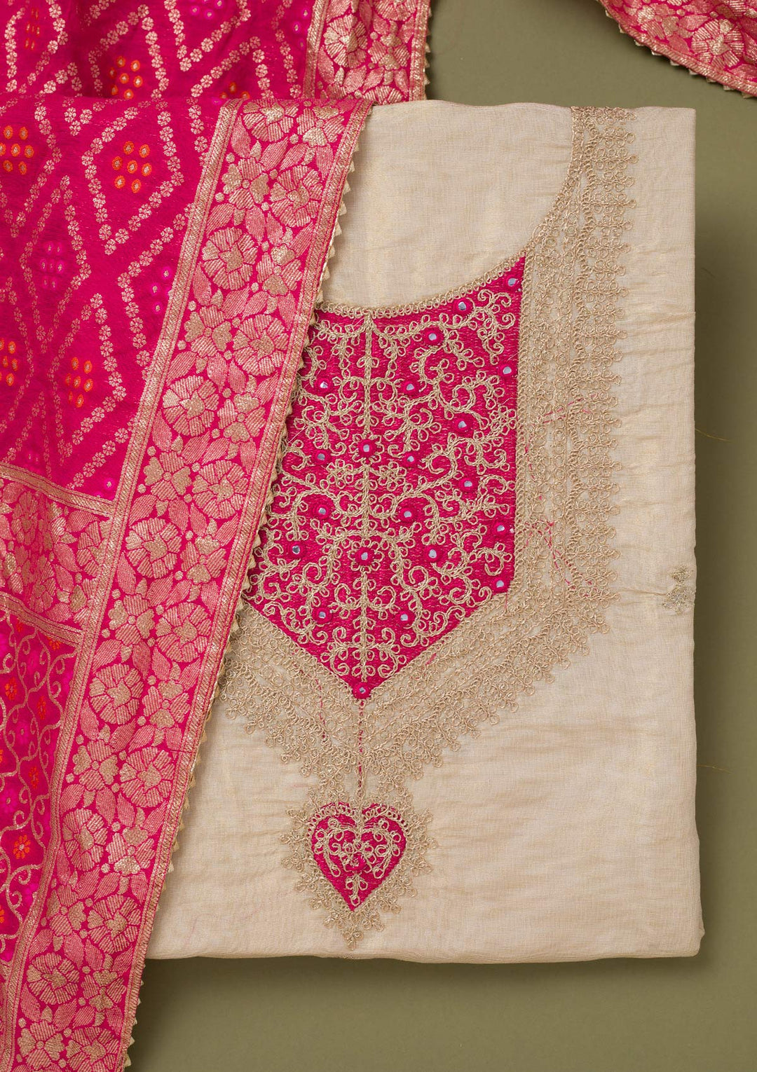 Beige Zariwork Tissue Unstitched Salwar Suit