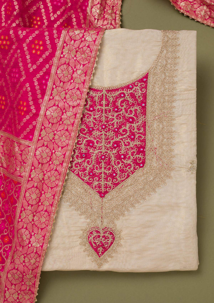 Beige Zariwork Tissue Unstitched Salwar Suit