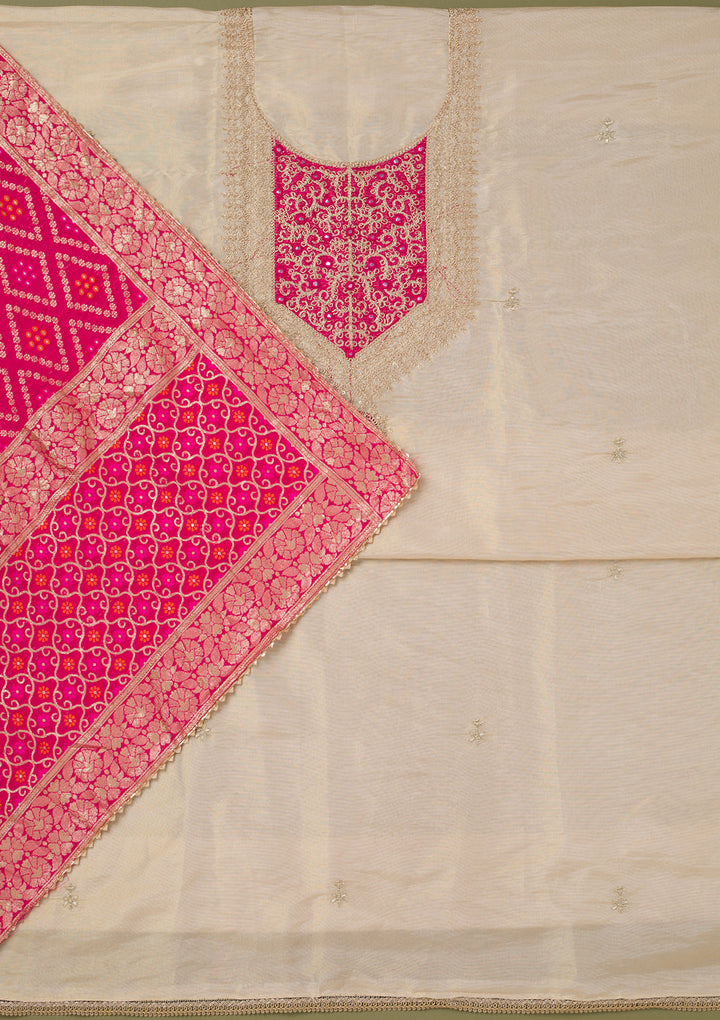 Beige Zariwork Tissue Unstitched Salwar Suit