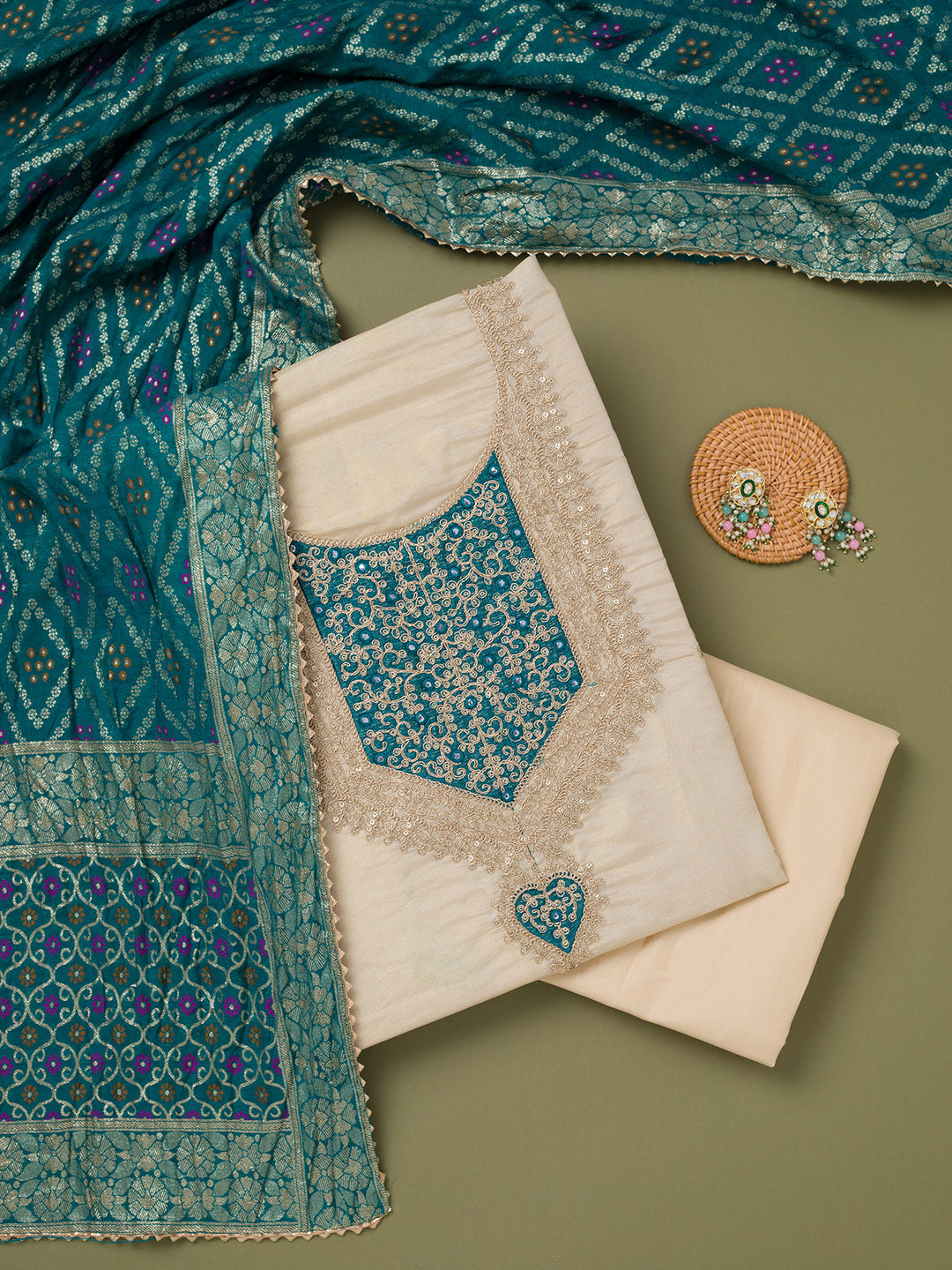 Beige Turquoise Blue Tissue Gold Zariwork Unstitched Dress Material With Matching Bottom And Dupatta