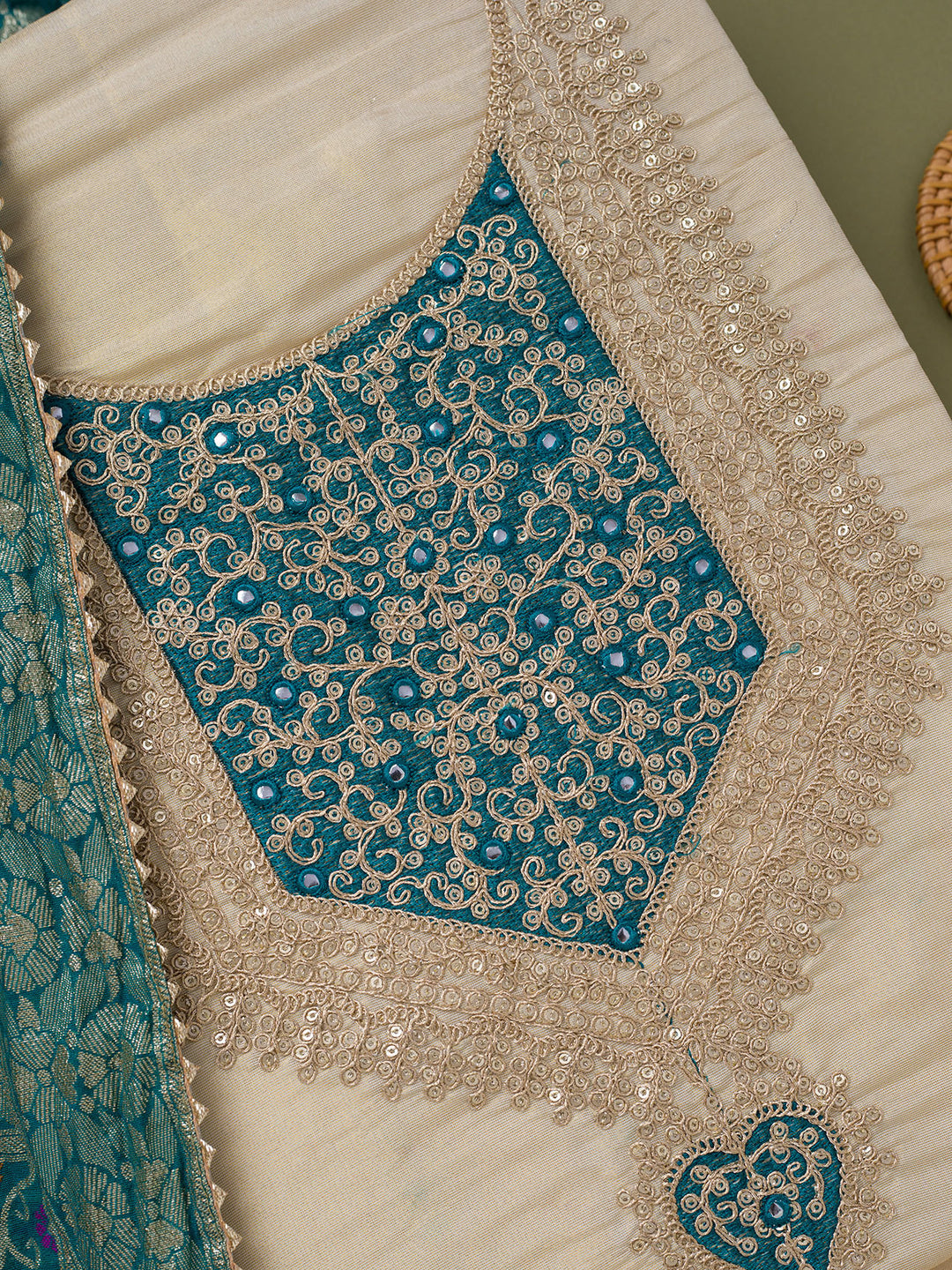 Beige Turquoise Blue Tissue Gold Zariwork Unstitched Dress Material With Matching Bottom And Dupatta