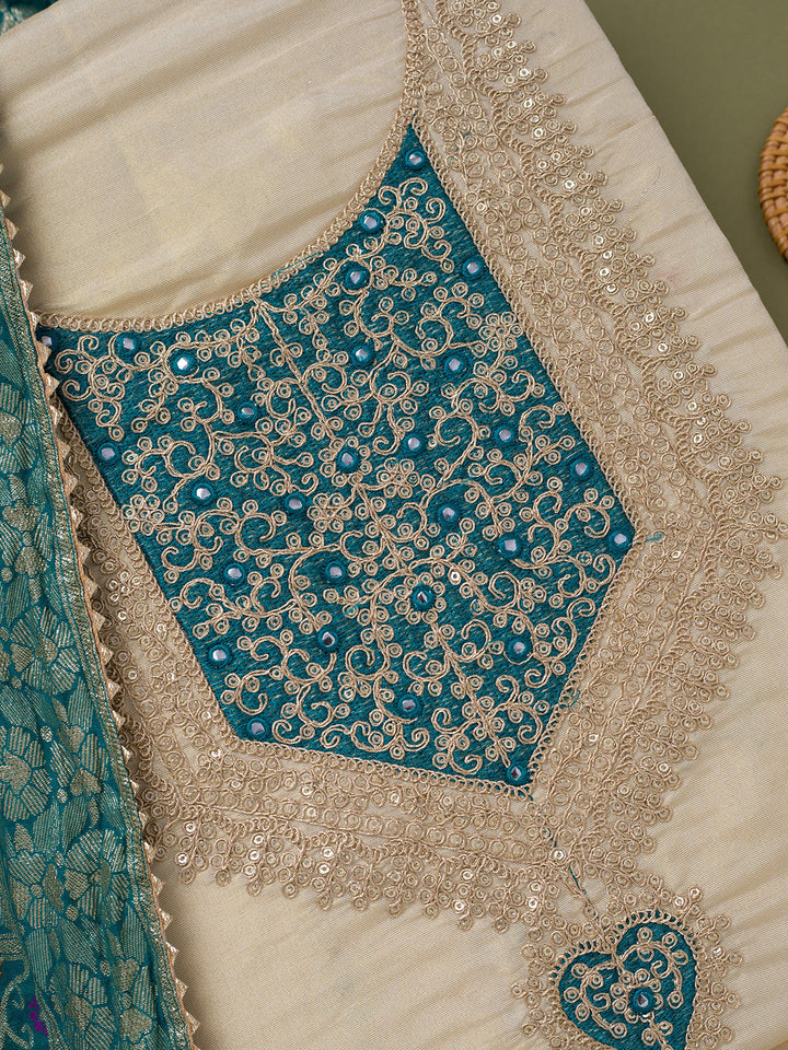 Beige Turquoise Blue Tissue Gold Zariwork Unstitched Dress Material With Matching Bottom And Dupatta