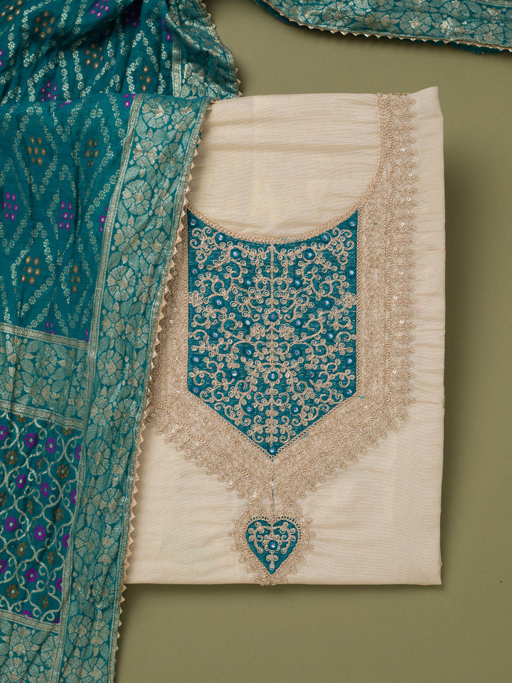 Beige Turquoise Blue Tissue Gold Zariwork Unstitched Dress Material With Matching Bottom And Dupatta