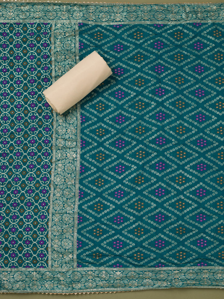 Beige Turquoise Blue Tissue Gold Zariwork Unstitched Dress Material With Matching Bottom And Dupatta