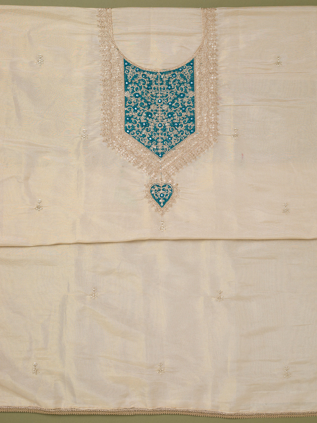 Beige Turquoise Blue Tissue Gold Zariwork Unstitched Dress Material With Matching Bottom And Dupatta