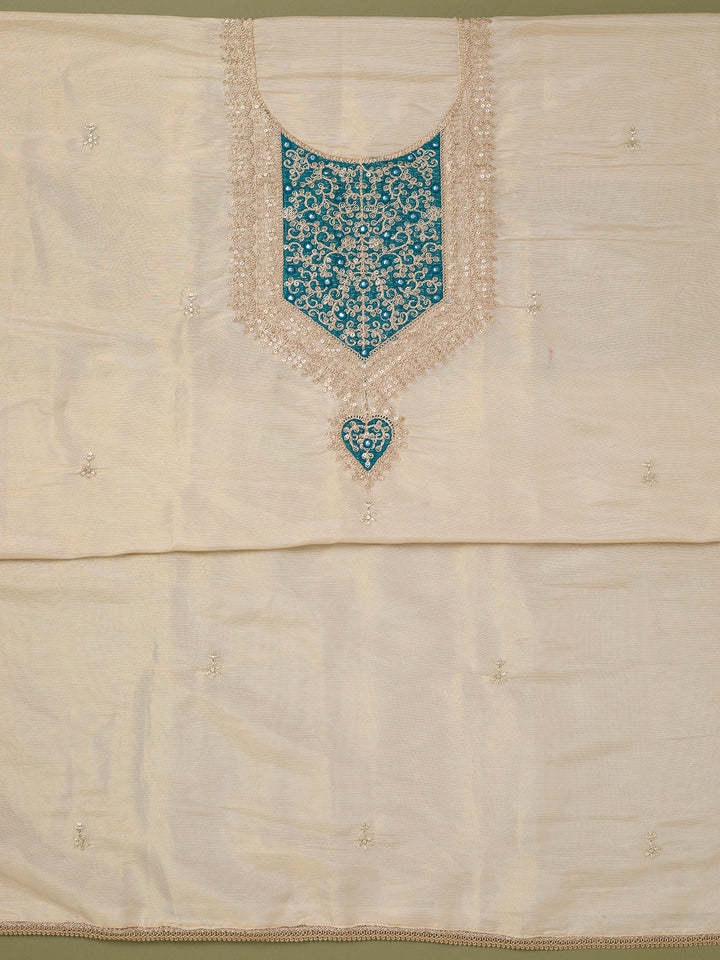 Beige Turquoise Blue Tissue Gold Zariwork Unstitched Dress Material With Matching Bottom And Dupatta