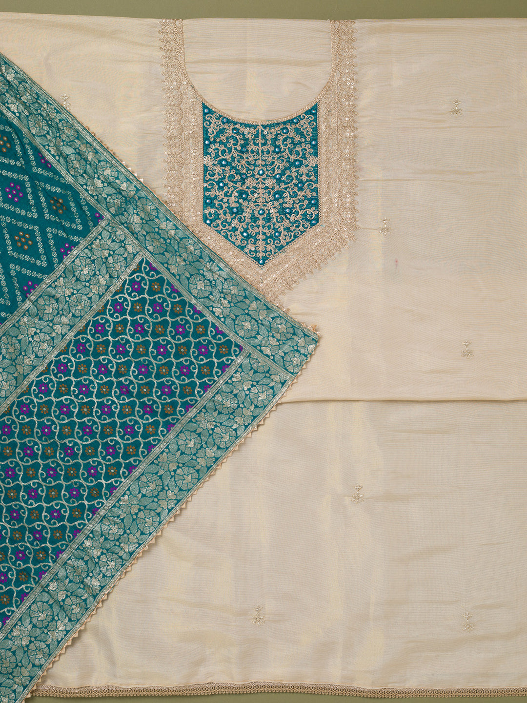 Beige Turquoise Blue Tissue Gold Zariwork Unstitched Dress Material With Matching Bottom And Dupatta